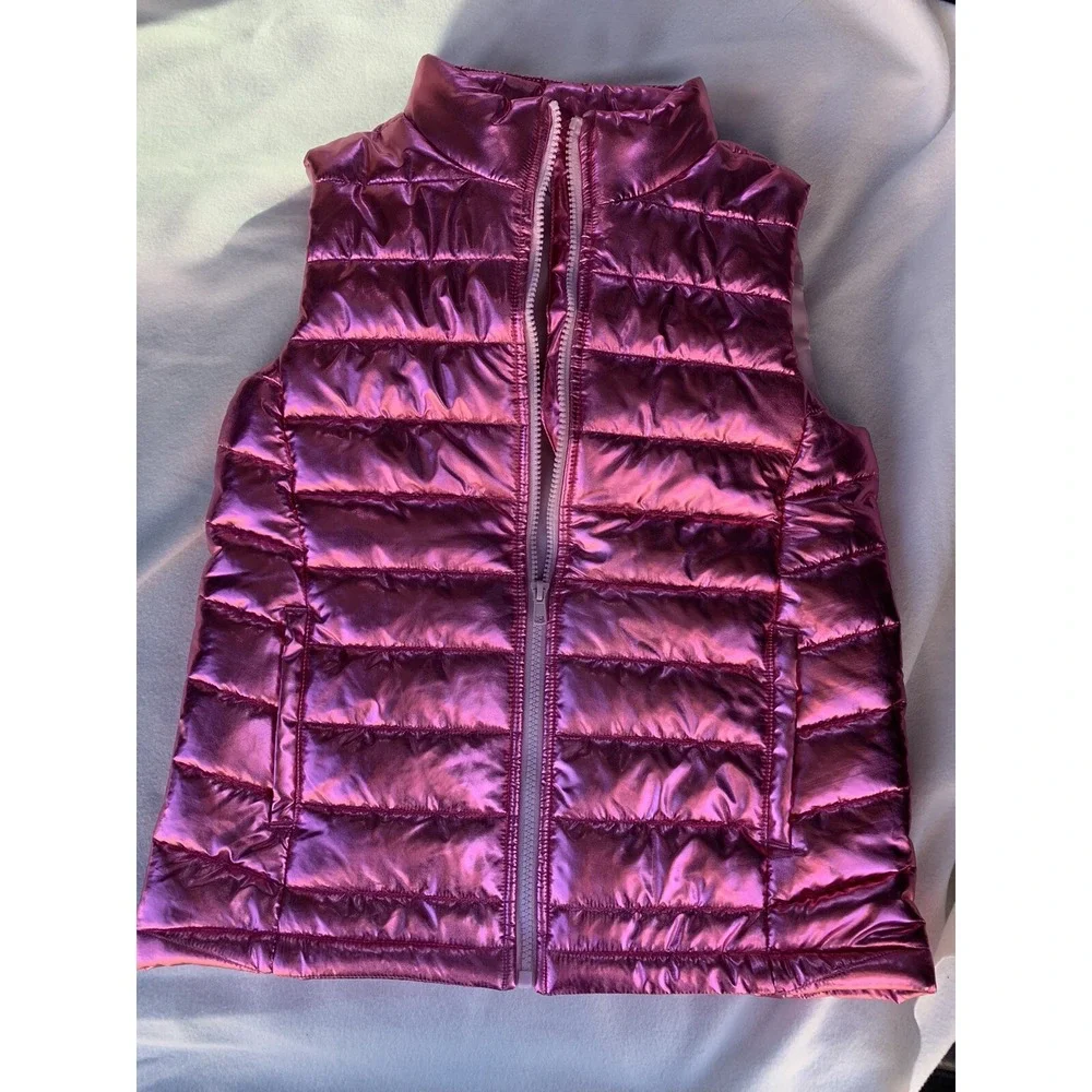 Girls kids  Shiny Metallic Pink Puffer Jacket Vest Size Large Pockets‎